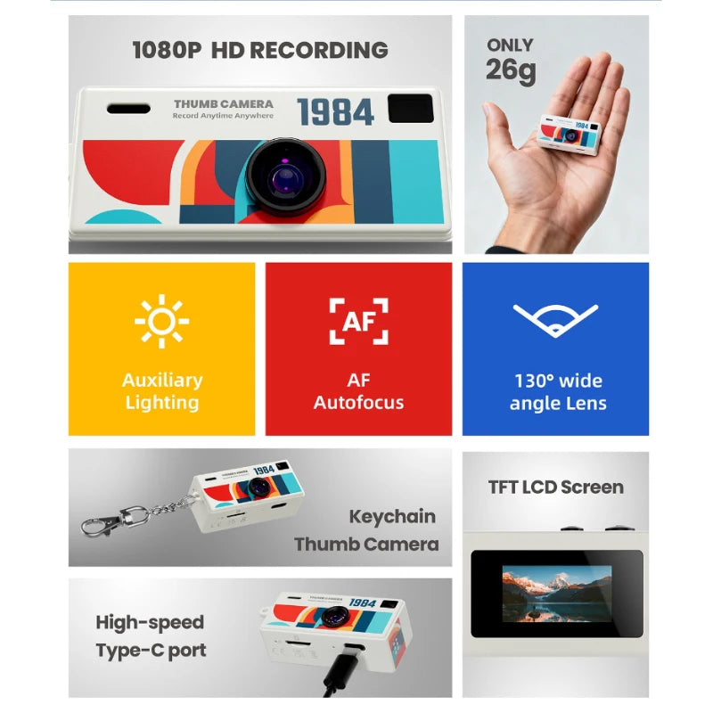 Retro Mini Keychain Thumb Camera 1080P HD Recorder Built-in Flash Auto Focus 130° Wide Angle Lens TFT LCD Screen Portable Camera